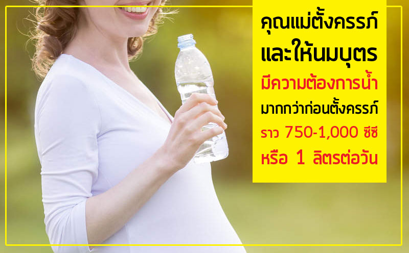 คุณแม่ตั้งครรภ์และให้นมบุตรมีความต้องการน้ำมากกว่าก่อนตั้งครรภ์ราว 750-1,000 ซีซี หรือ 1 ลิตรต่อวัน 